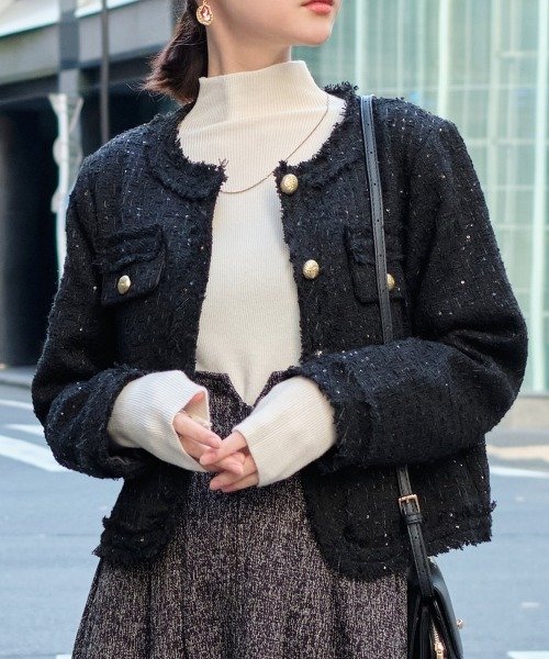 セール】ゴールド調ボタン ラメツイードショートジャケット（ノー