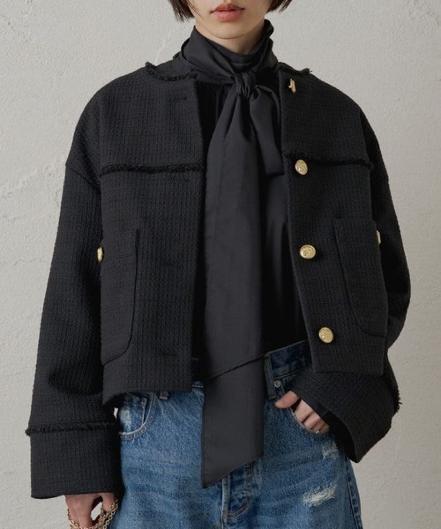 ツイードショートジャケット　ブラック　ラウンジドレス　金ボタン　長袖 楽天市場】ツイード ジャケット ノーカラー レディース ツイード